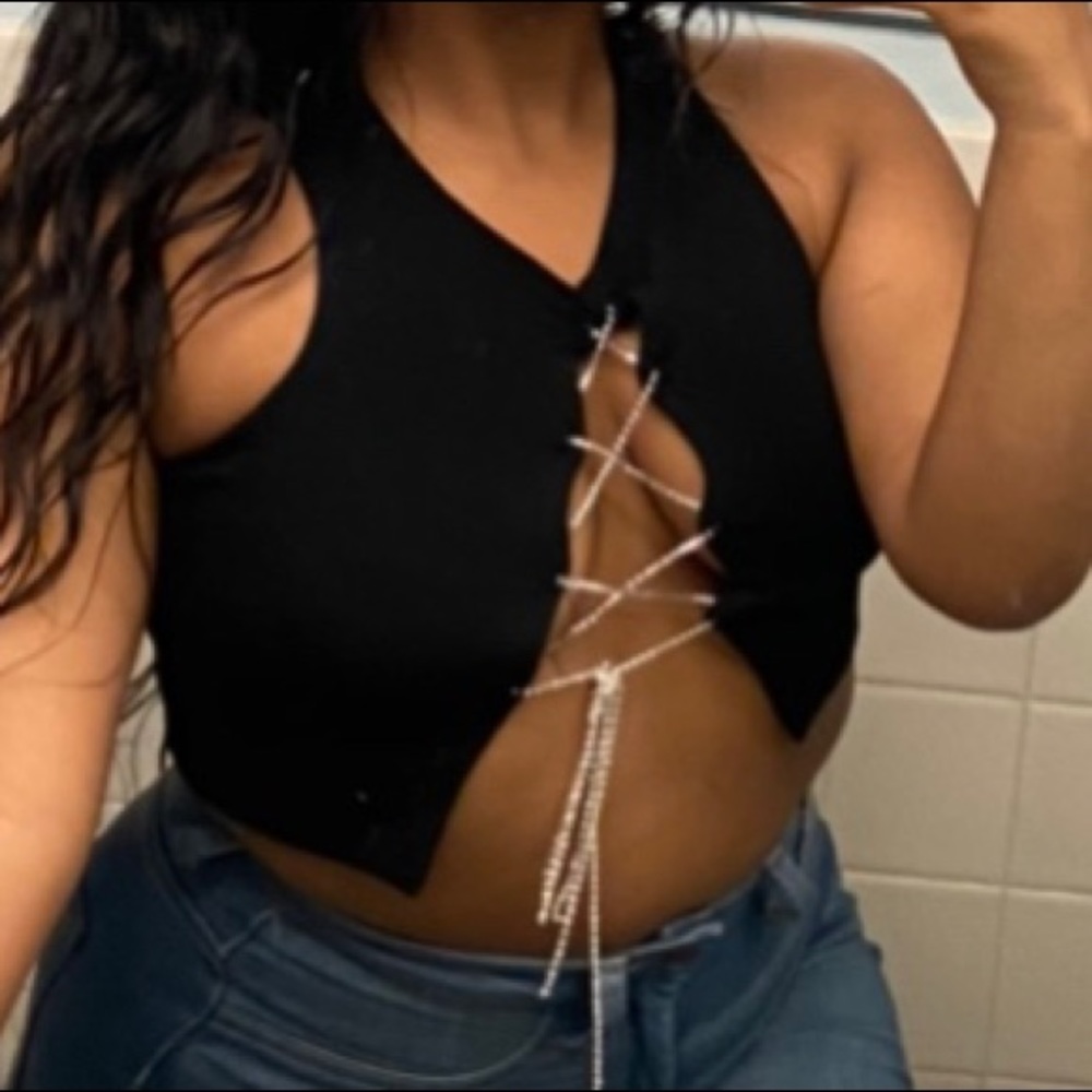 Black cropped tank top Rhinestone lace up